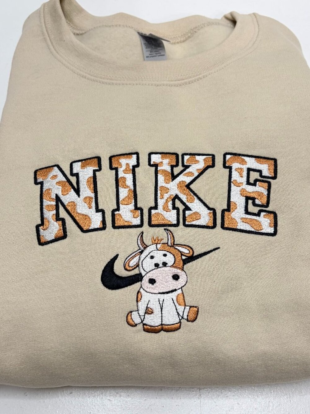 Nike Cow Sweatshirt Embroidered Adult Unisex Crewneck BROWN Spotted Farm Animal